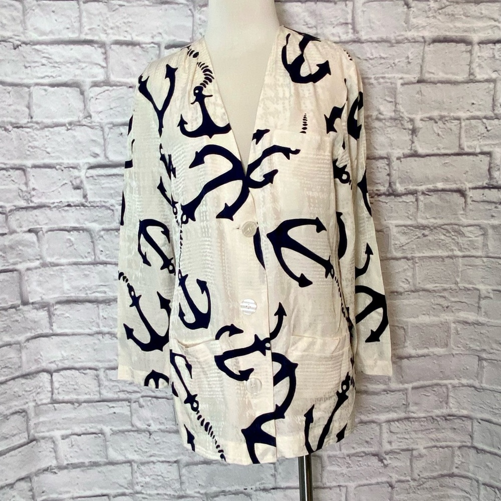 Vintage ⚓️ Silks by St Gillian 100% Silk ButtonUp Blazer. Ivory w/ Anchor Print.